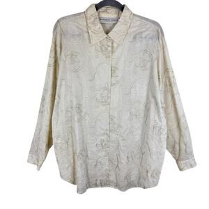Kathryn Deene Vtg Cream Embroidered Long Sleeve Cotton Button Up Blouse Sz 14 16